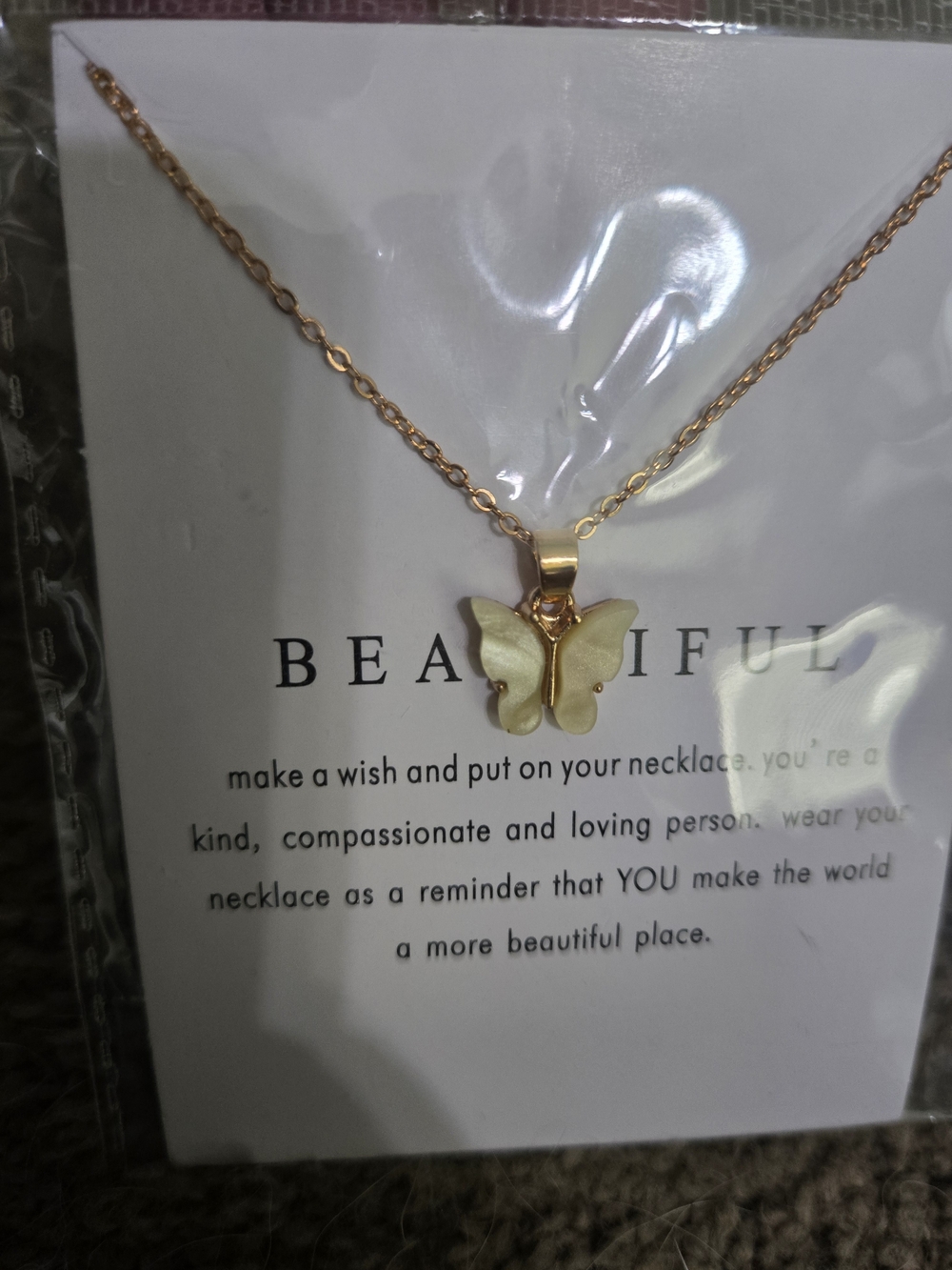 Beautiful Gold Butterfly Pendant Necklace - Cream Butterfly